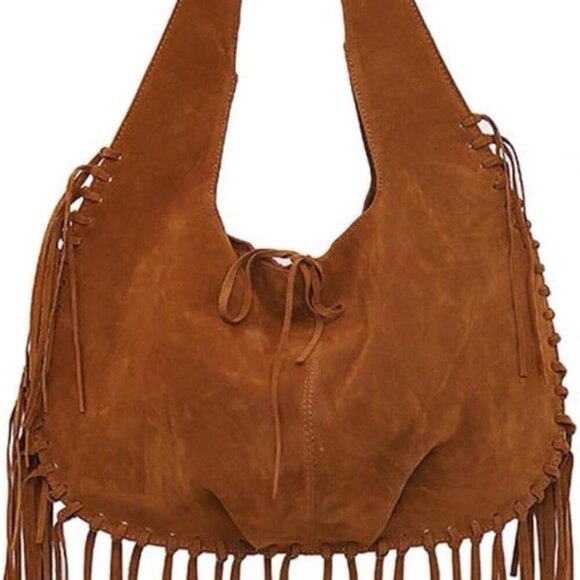 Women Vintage Suede Fringe Hobo Bag Tote Shoulder Crossbody Hippie Purse - Picture 1 of 7